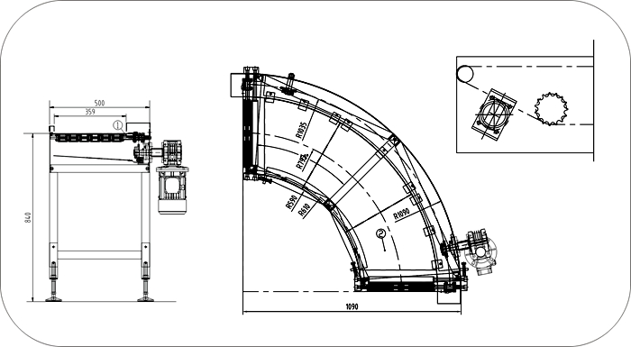 90度刀口轉(zhuǎn)彎輸送機示意圖 90度刀口轉(zhuǎn)彎輸送機示意圖
